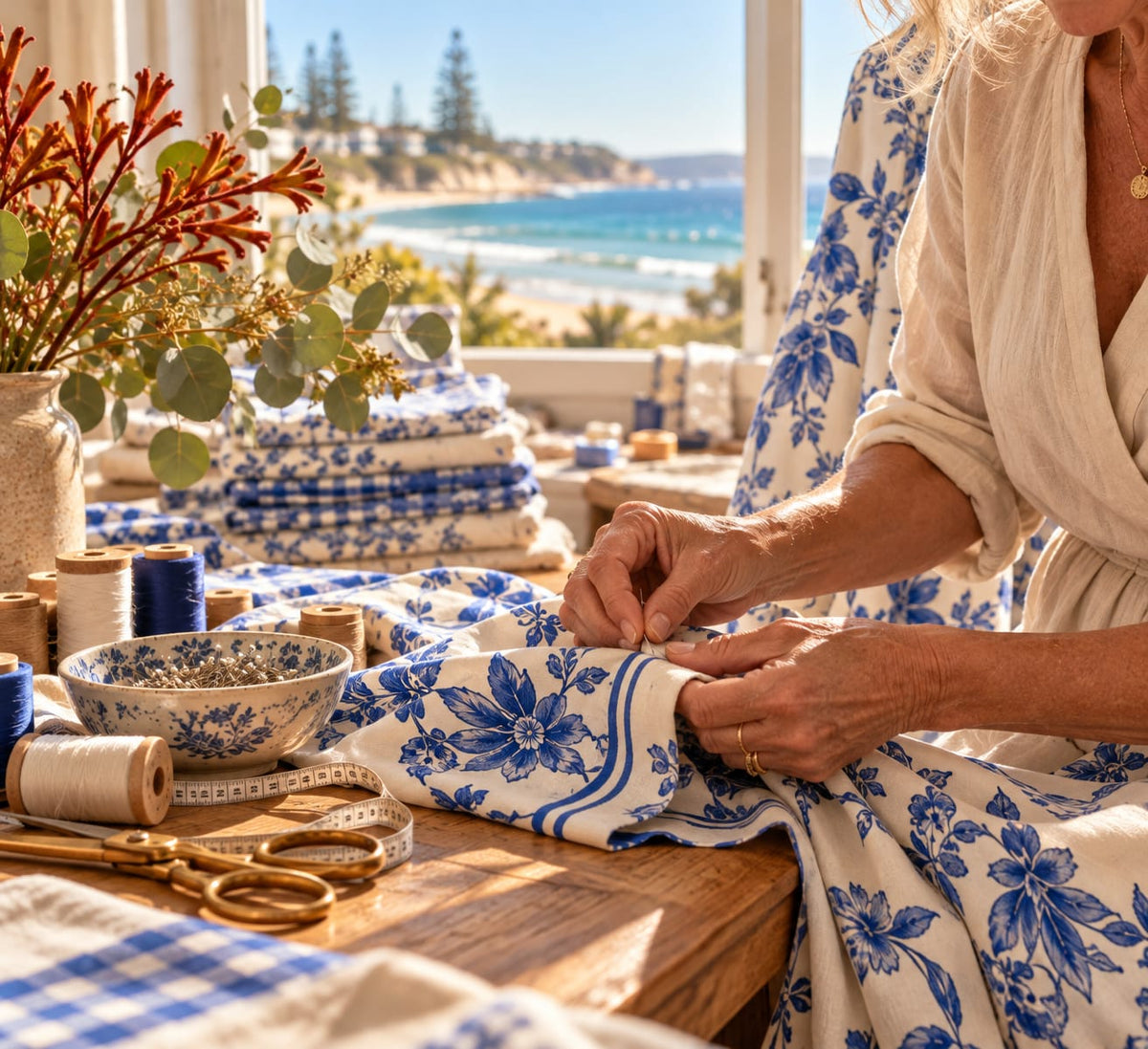 Hands sewing a blue and white floral set beside windows that look out to the Perth coast