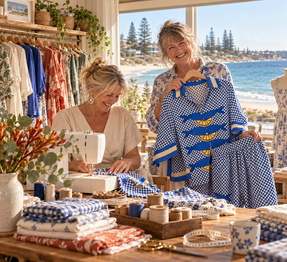 Two members of The Elliot Family smiling in their sunny Perth workroom, with the beach behind