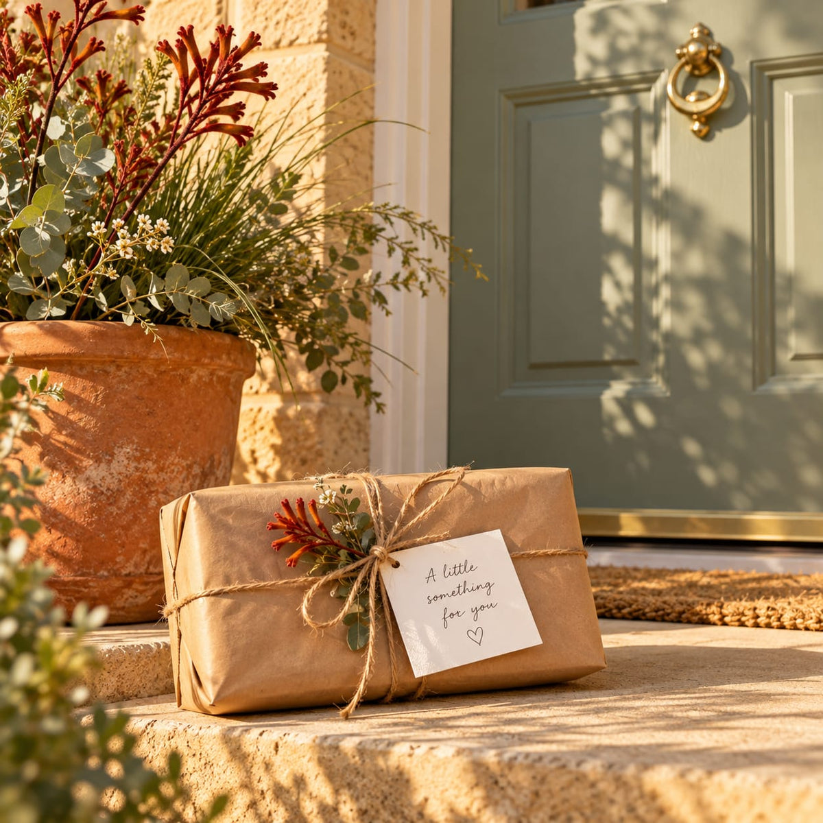 A neat parcel with a handwritten note on a sunny doorstep